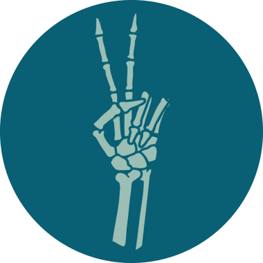 Bir insan tarafından çizilmiş barış işareti veren bir iskeletin ikonik dövme görüntüsü.