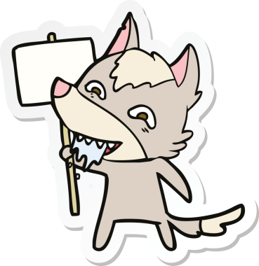 Karikatür çıkartması. Aç kurt. Bir insan tarafından çizilmiş işaret levhası.