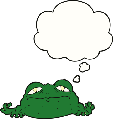 Bir insan tarafından çizilmiş düşünce baloncuklu çirkin kurbağa.