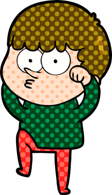 Çizgi film meraklısı çocuk bir insan tarafından çizilmiş inançsızlıkla gözlerini ovuşturuyor.