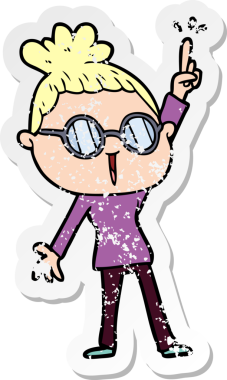 Bir insan tarafından çizilmiş gözlük takan karikatürlü bir kadının sıkıntılı çıkartması.