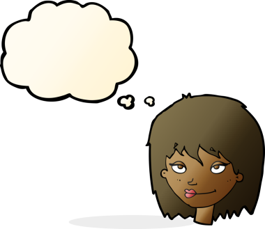 Bir insan tarafından çizilmiş düşünce baloncuğu olan gülümseyen bir kadın.