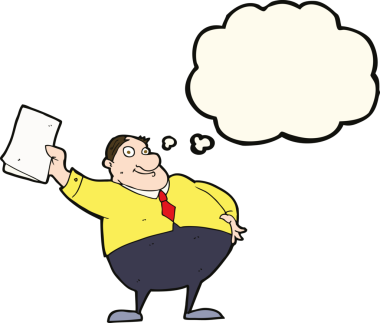 Çizgi film patronu, bir insan tarafından çizilmiş düşünce balonuyla kağıtları sallıyor.