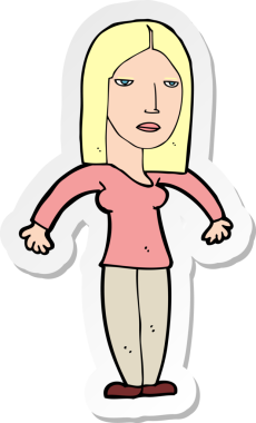 Çizgi film çıkartması. Bir insan tarafından çizilmiş rahatsız bir kadın.