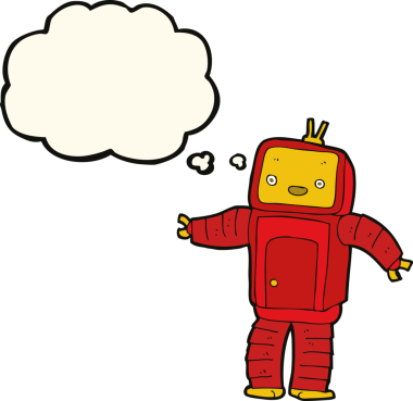 Bir insan tarafından çizilmiş düşünce baloncuklu çizgi film robotu