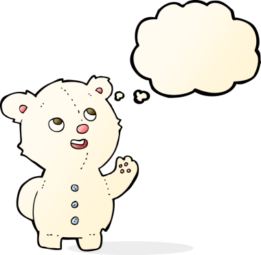 Bir insan tarafından çizilmiş düşünce baloncuklu şirin kutup ayısı yavrusu.