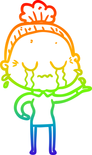 Gökkuşağı gradyan çizgi çizimi bir insan tarafından çizilmiş ağlayan yaşlı bir kadın