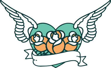 Bir insan tarafından çizilmiş çiçek ve bayrak ile uçan bir kalbin ikonik dövme görüntüsü