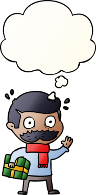 Bıyıklı ve noel hediyeli çizgi film adamı bir insan tarafından çizilmiş yumuşak bir gradyan tarzla düşünce baloncuğuyla karşınızda.