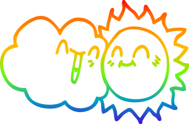 Gökkuşağı gradyan çizgi çizimi Mutlu güneş ve bir insan tarafından çizilen bulut