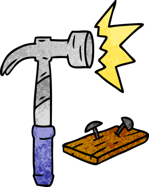 Bir insan tarafından çizilmiş çekiç ve çivi desenli karikatür.