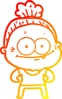 Bir insan tarafından çizilmiş mutlu, yaşlı bir kadının sıcak çizgi çizimi.