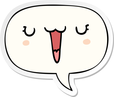 Bir insan tarafından çizilmiş konuşma kabarcığı çıkartmalı sevimli mutlu çizgi film yüzü.