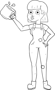 Bir insan tarafından çizilmiş kahve fincanı ile siyah-beyaz kadın çizilmiş.