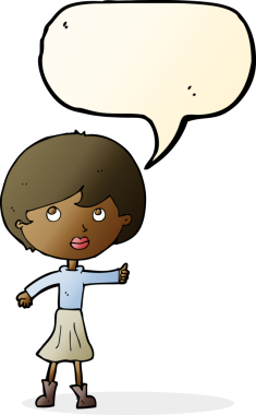 Bir insan tarafından çizilmiş konuşma balonuyla soru soran karikatür kadını.