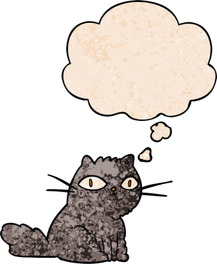 Bir insan tarafından çizilmiş grunge desenli düşünce baloncuklu çizgi film kedisi.