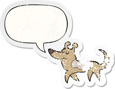 Konuşma baloncuğu olan çizgi film köpeği bir insan tarafından çizilmiş sıkıntılı eski bir çıkartma