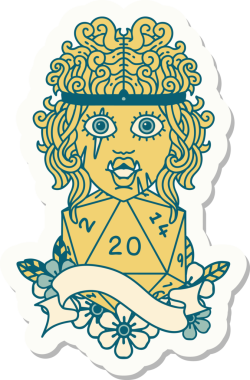 Bir insan tarafından çizilmiş 20 zarlı yarı ork barbar bir karakterin çıkartması.