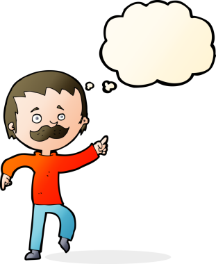 Çizgi filmdeki bıyıklı adam bir insan tarafından çizilmiş düşünce balonuyla işaret ediyor.