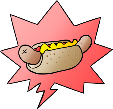 Bir insan tarafından çizilmiş, konuşma baloncuklu taze, nefis bir sosisli.