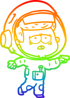 Gökkuşağı gradyan çizgi çizimi bir insan tarafından çizilmiş yorgun astronot