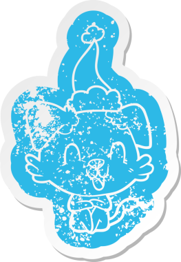 Gülen karikatür. Bir insan tarafından çizilmiş Noel Baba şapkası takan bir köpeğin çıkartması.