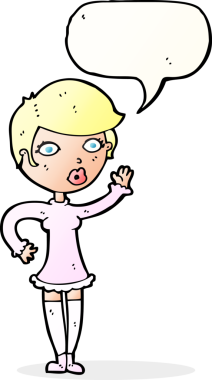 Bir insan tarafından çizilmiş konuşma balonuyla el sallayan güzel bir kadın.