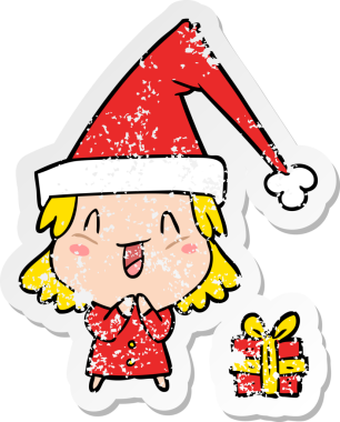 Bir insan tarafından çizilmiş noel şapkası giyen bir çizgi film kızının sıkıntılı çıkartması.