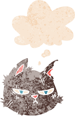 Düşünce baloncuklu sert kedi yüzlü karikatür dertli eski moda bir insan tarafından çizilmiş.