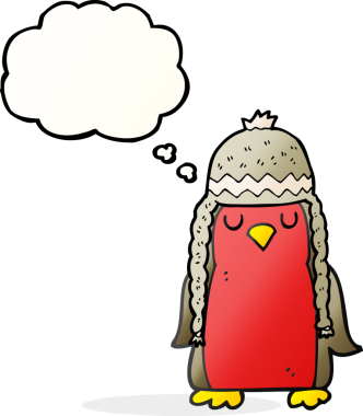 Bir insan tarafından çizilmiş kış şapkası takan el yapımı düşünce balonu Robin çizgi filmi.