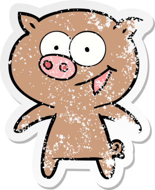 Bir insan tarafından çizilmiş neşeli bir domuz çizgi filminin hüzünlü çıkartması.