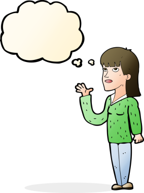 Bir insan tarafından çizilen düşünce baloncuğuyla açıklayan çizgi film kadını.