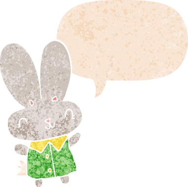 Sevimli çizgi film küçük tavşan konuşma baloncuğu ile grunge sıkıntılı retro dokuma bir insan tarafından çizilmiş