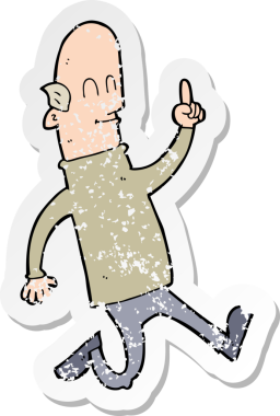 Bir insan tarafından çizilmiş bir fikri olan kel bir adamın gerilemiş retro yapıştırması.