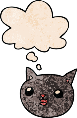 Bir insan tarafından çizilmiş grunge desenli düşünce baloncuklu çizgi film kedisi.