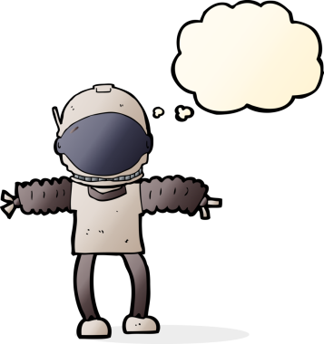 Bir insan tarafından çizilmiş düşünce baloncuklu astronot.
