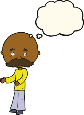 Bir insan tarafından çizilmiş düşünce baloncuklu bıyıklı çizgi film adamı.