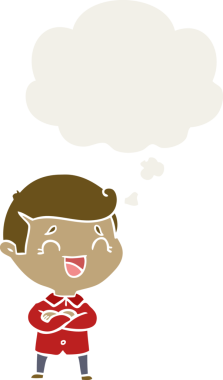 Bir insan tarafından çizilmiş düşünce baloncuklu çizgi film gülen adam.