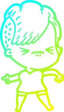 Bir çizgi film karakteri çizen soğuk gradyan, bir insan tarafından çizilmiş hippi bir kız.