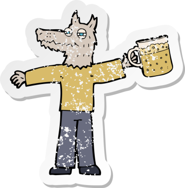 Bir insan tarafından çizilmiş birayı içen bir kurt adamın gerilimli çıkartması.