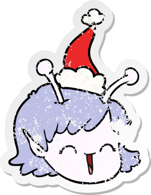 Bir insan tarafından çizilmiş Noel Baba şapkası giymiş uzaylı bir uzay kızının el çizimi karikatürü.