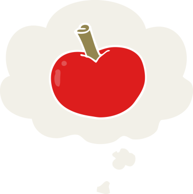 insan tarafından çizilmiş, düşünce baloncuklu çizgi film elması.