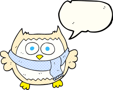 Bir insan tarafından çizilmiş eşarp takan, el yazısıyla çizilmiş bir çizgi roman balonu baykuşu.