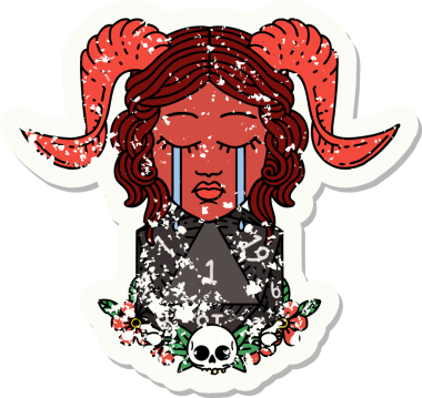 Ağlayan kiremitli bir karakterin grunge çıkartması. Bir insan tarafından çizilmiş doğal bir D20 zarlı.