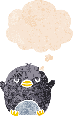 Düşünce baloncuğu olan karikatür pengueni bir insan tarafından çizilmiş dertli retro desenli.