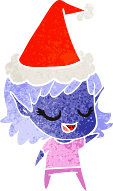 Mutlu el çizimi, bir insan tarafından çizilmiş Noel Baba şapkası takan bir elf kızı karikatürü.