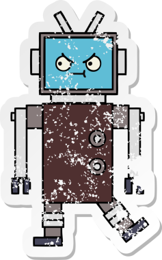 Bir insan tarafından çizilmiş sevimli bir robot çizgi film çıkartması.