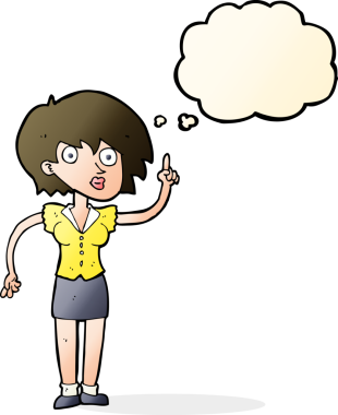 Bir insan tarafından çizilen düşünce baloncuğu ile ilgili sorusu olan karikatür kadın.