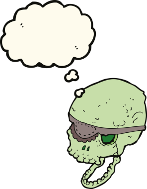 Bir insan tarafından çizilmiş düşünce baloncuklu göz bandıyla çizilmiş tuhaf bir kafatası.