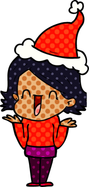 Bir insan tarafından çizilmiş Noel Baba şapkası giyen mutlu bir kadının el çizimi çizgi roman tarzı çizimi.